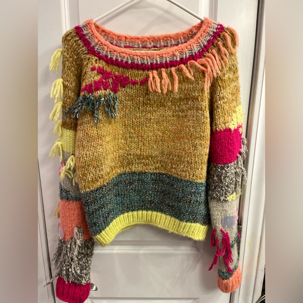 Anthropologie Multicolor Fringe Crewneck Sweater — Mustard, Teal, Pink